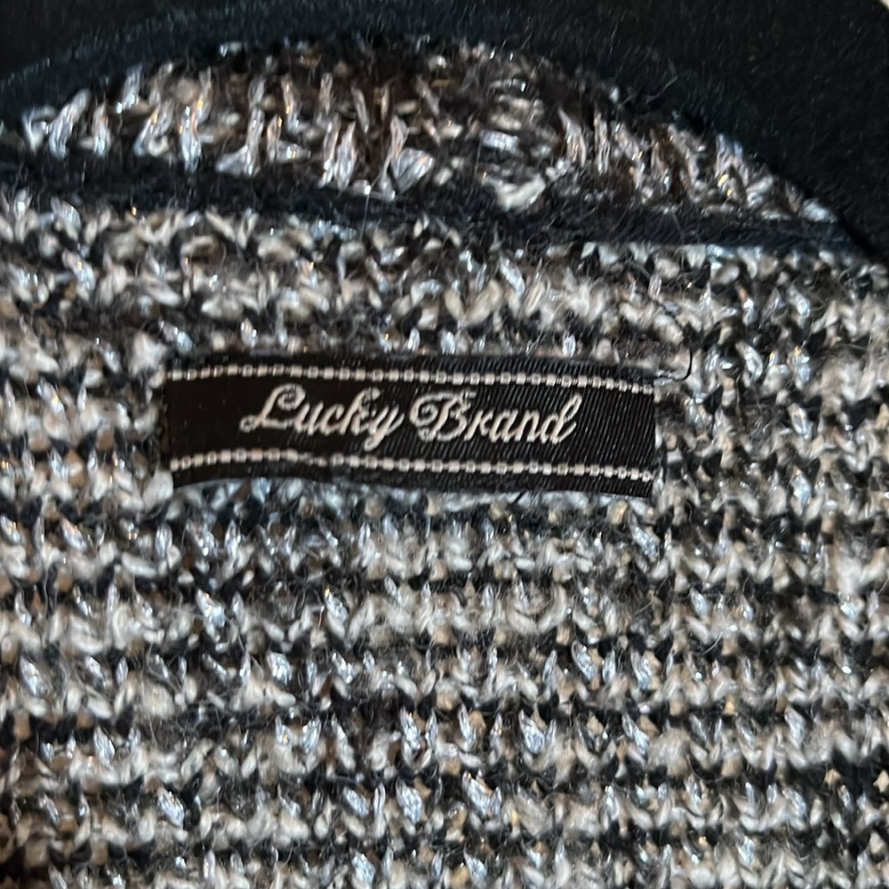 Lucky Brand M Black and beige w/grey and silver woven in. Open front cardigan. - Picture 5 of 5
